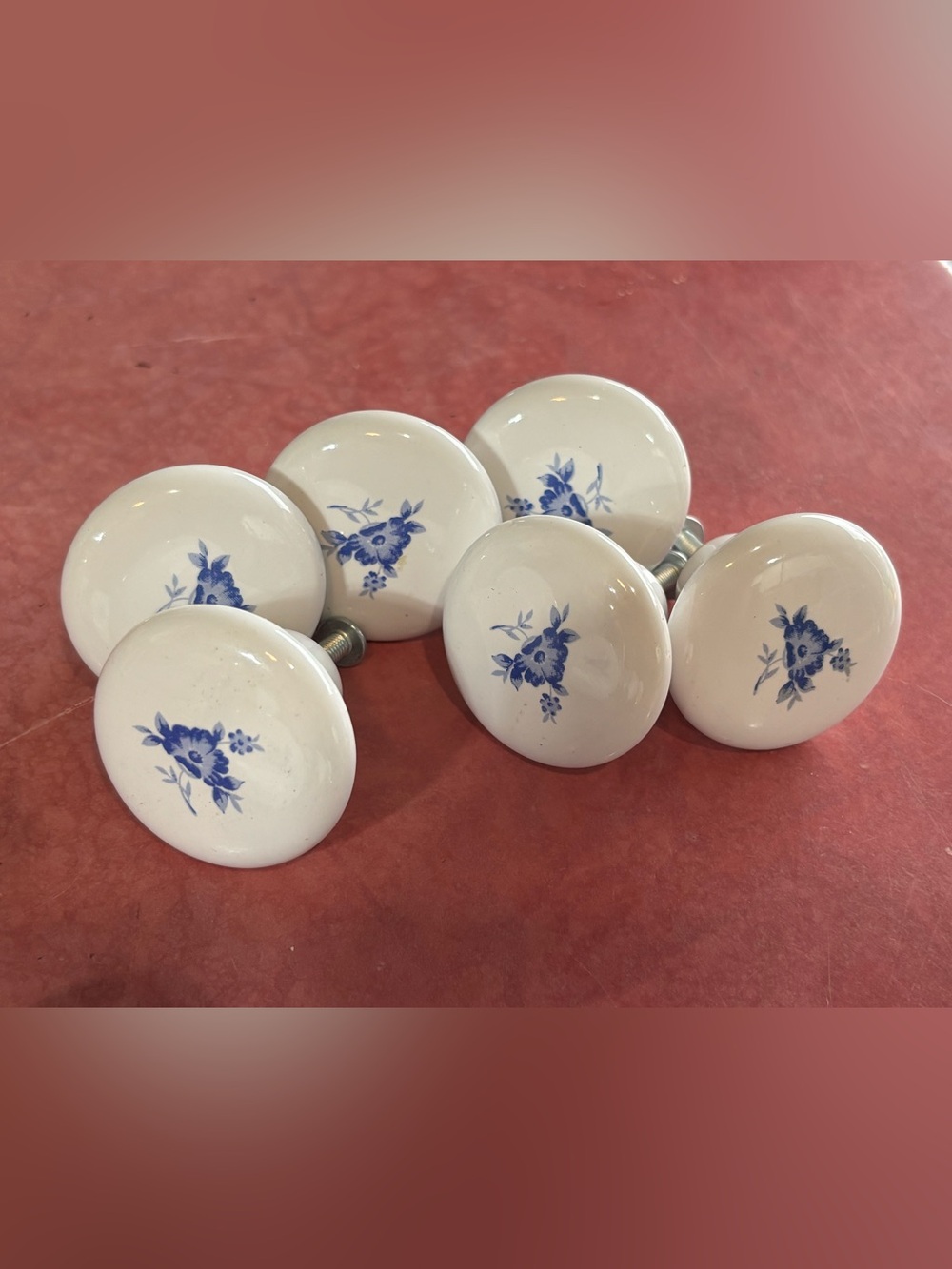 Set of 6 ceramic dresser drawer knobs white with blue flower